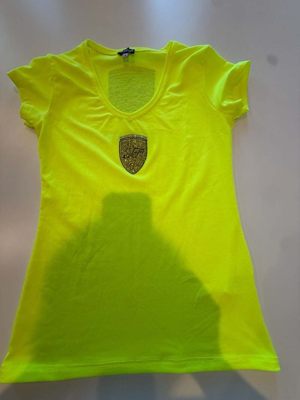 Ferrari Neon Yellow V-Neck Short Sleeve T-Shirt with Rhinestone Shield Logo, Siz